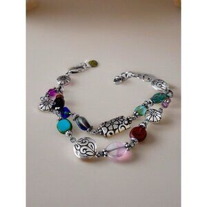 Retired Brighton Garden Girl Bracelet Double Strand Silverplated Colorful Beads